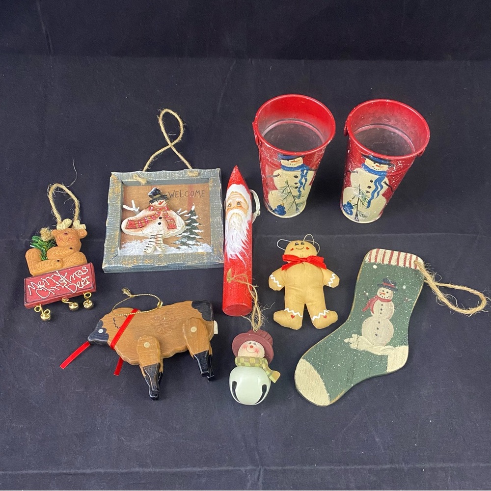 Primitive Country Christmas Decorations Ornaments Snowman Santa Reindeer Lot